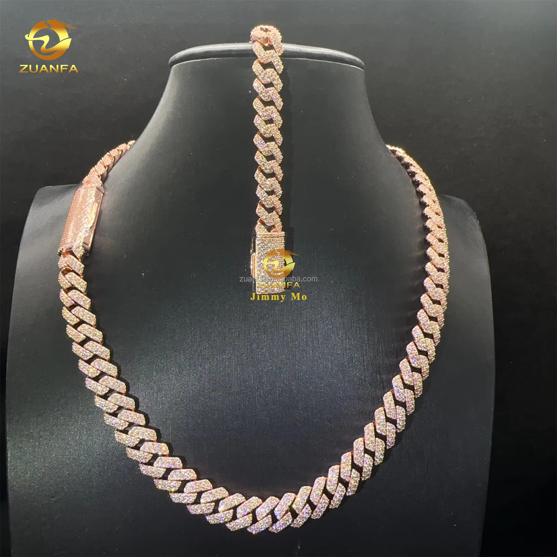 Rose gold plated box, pure sier 12mm, two rows of chilled hip-hop VVS1 diatoeous earth, Miami Cuban chain
