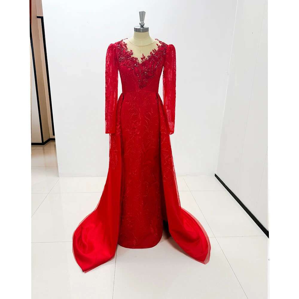 Red Tulle Beads Applique Train Detachable Long Sleeve Sweetheart Up To The Floor Formal Casual For Woman 2025 prom