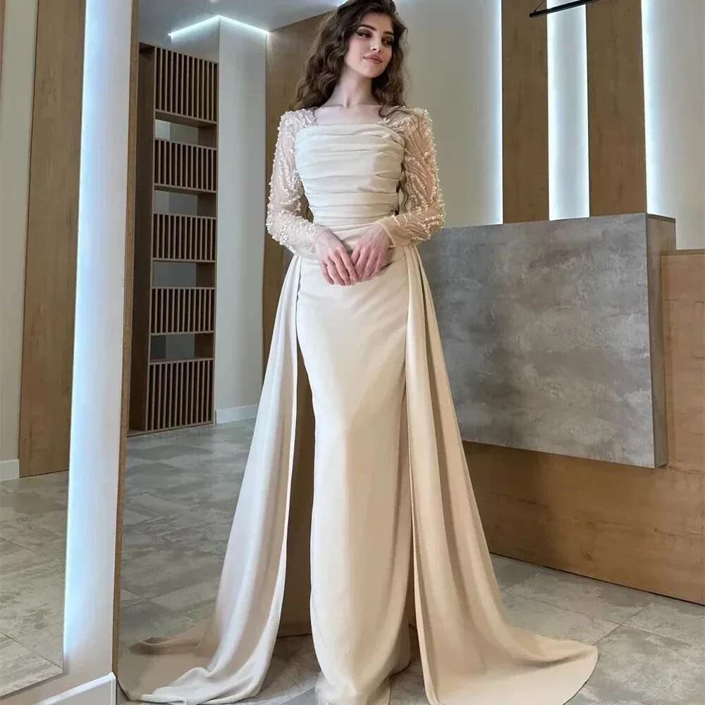 Custom Prom Dresses Women Dress Formal Square Collar Column Floor Length Skirts Shirted Draped Beads Pearl Tailored
