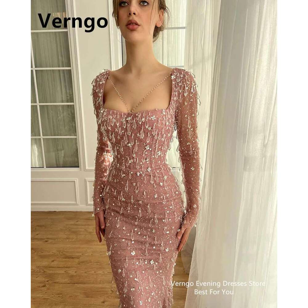 Verngo-Vestidos baile brilhantes com lantejoulas para mulheres mangas completas vestido de festa uoso cristal rosa brilhante prom