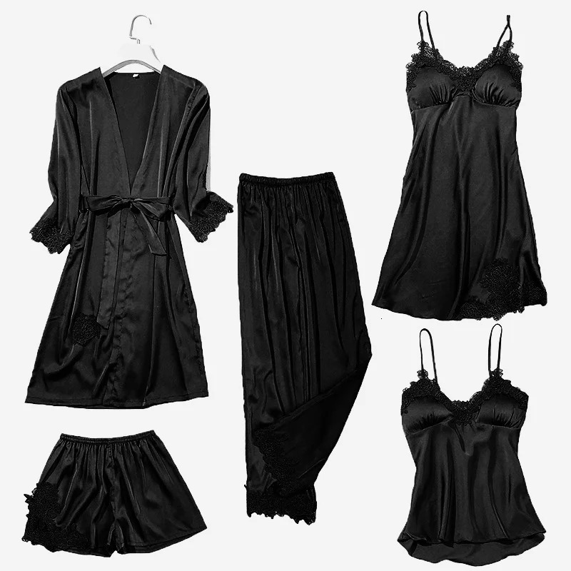 Satin Lace Pyjamas Set Women Strap Top Shorts Sleep Suit Spring Pyjamas Sleepwear Home Wear Nightwear Robe Gown Loungewear 250219