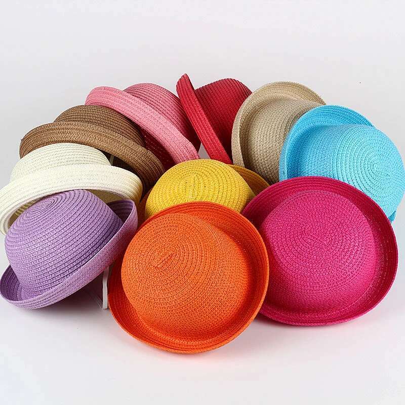 Ddmyshoesvip Wholesale Baby Straw Hat Solid Color Kids Character Decoration Infant Sun Hats Girl Boys Bucket Cap Children Beach Panama Caps