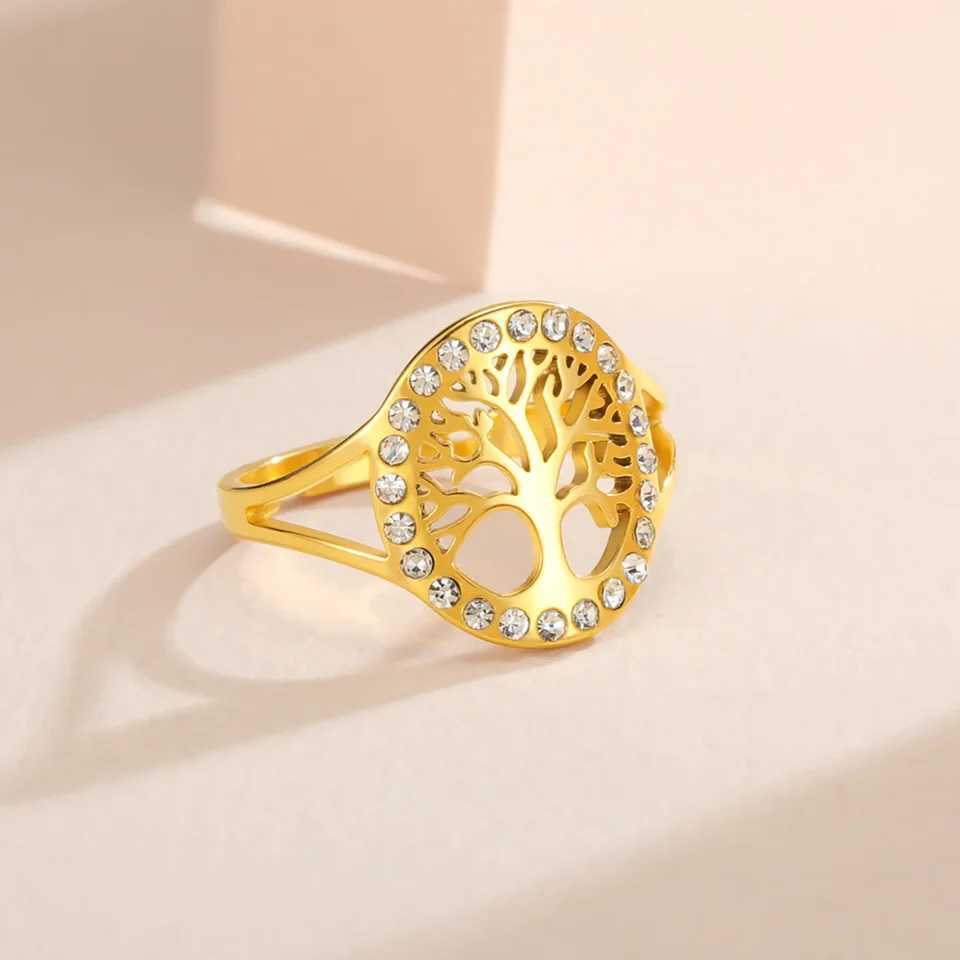 Skyrim Tree of Life Clear Zircon Round Ring Stainless Steel Gold Color Adjustable Wen Finger Rings Amet Jewelry s X250220
