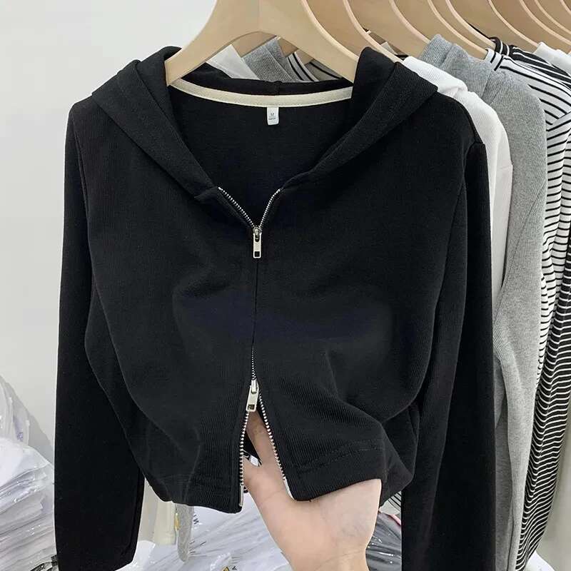 Women's Jacket Double Zipper 2025 Autumn/Winter New Fashion Female Short Hooded Coat Elegant Design Sense Ladies Cardigan Top