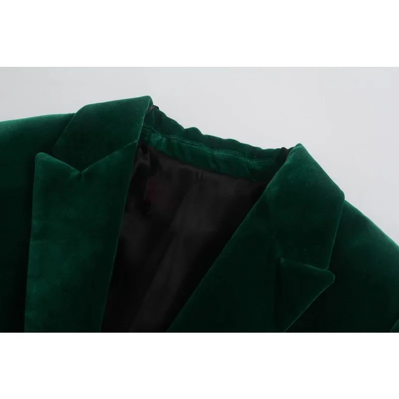 Elegant Velvet Women Blazer Fashion Office Wear ButtonsUp Long Sleeve Pockets Vintage Green Female Outfitt 250213