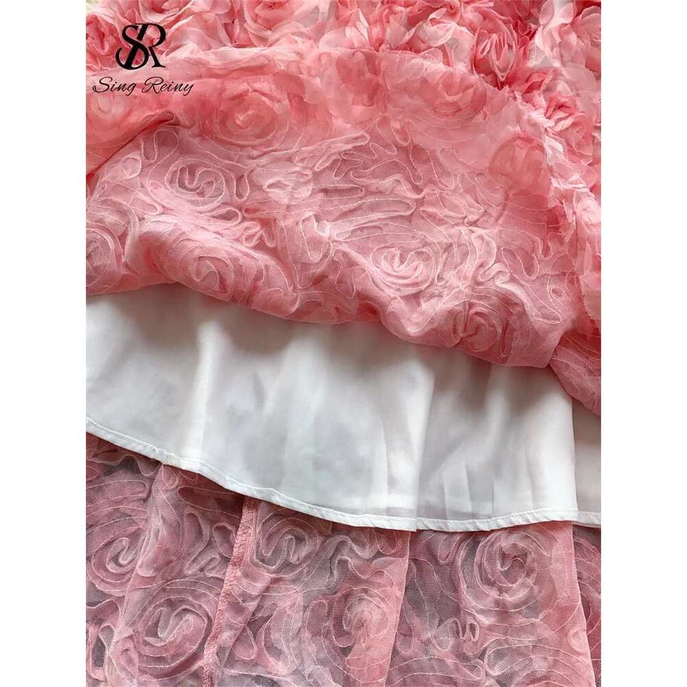 SINGREINY Elegant Evening Party Ladies V Neck Beading Sleeveless Sundress Rose Splice Chic Long Spaghetti Strap Dress