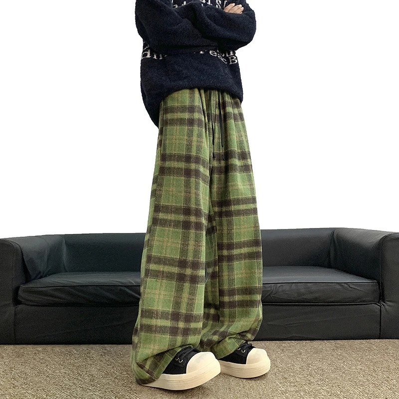 Fashion Plaid Pants Baggy Elastic Waist Hip Hop Loose Trousers Korean Streetwear Wide-legged Pants Unisex Casual Trousers 250220