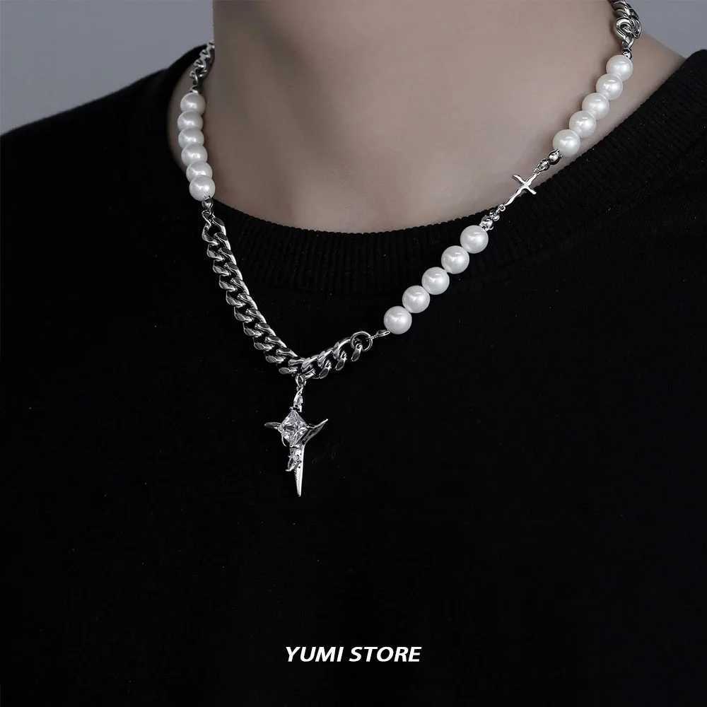 Hip Hop Imitation Pearl Cross Necklace For Men Women Trend Titanium Steel Collar Chain Kpop Pendant Jewelry Unisex AccoriesXJ250219