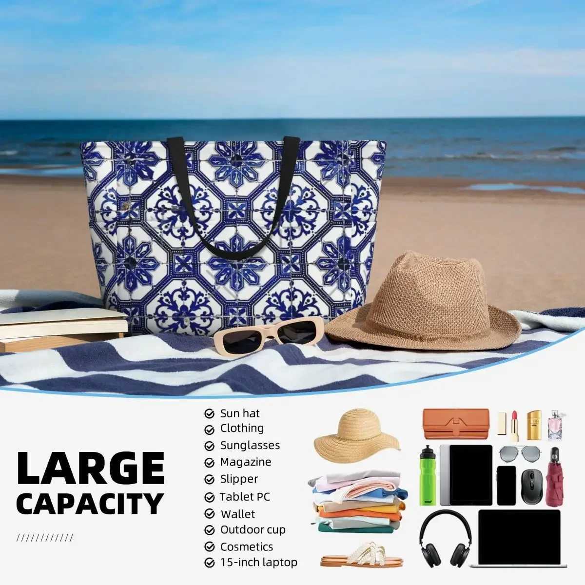 Blue And White Portuguese Tile Beach Travel Bag Tote Fashionable Adult Gifts Shoulder Multi-Style Pattern Z250219