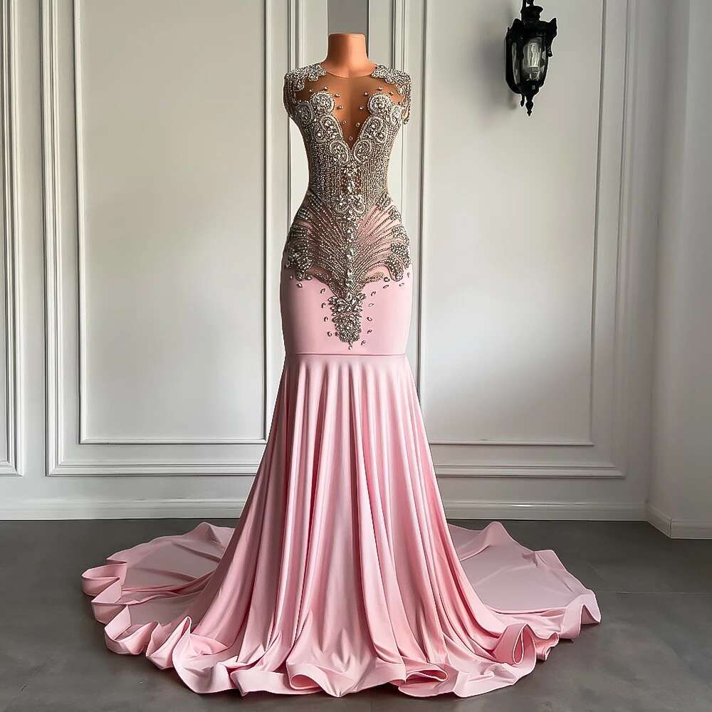 Long 2025 Mesh Transparent Top The Bright Silver Diamond Black Girls Pink Graduation Ball Gowns Formal prom Party Dresses