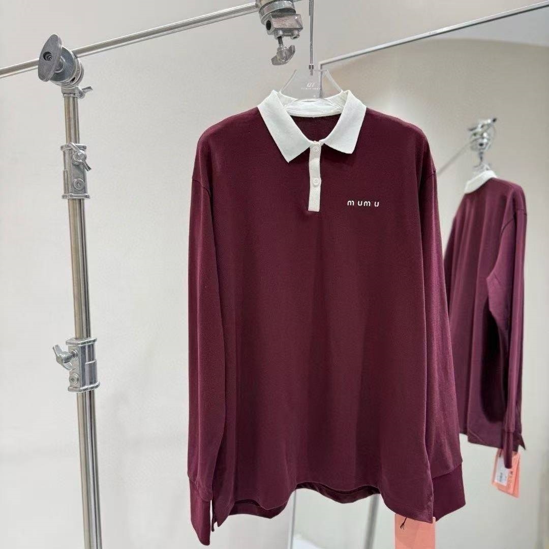 Paris designer mu25ss new fuchsia-red long-sleeved polo shirt T-shirt top top quality