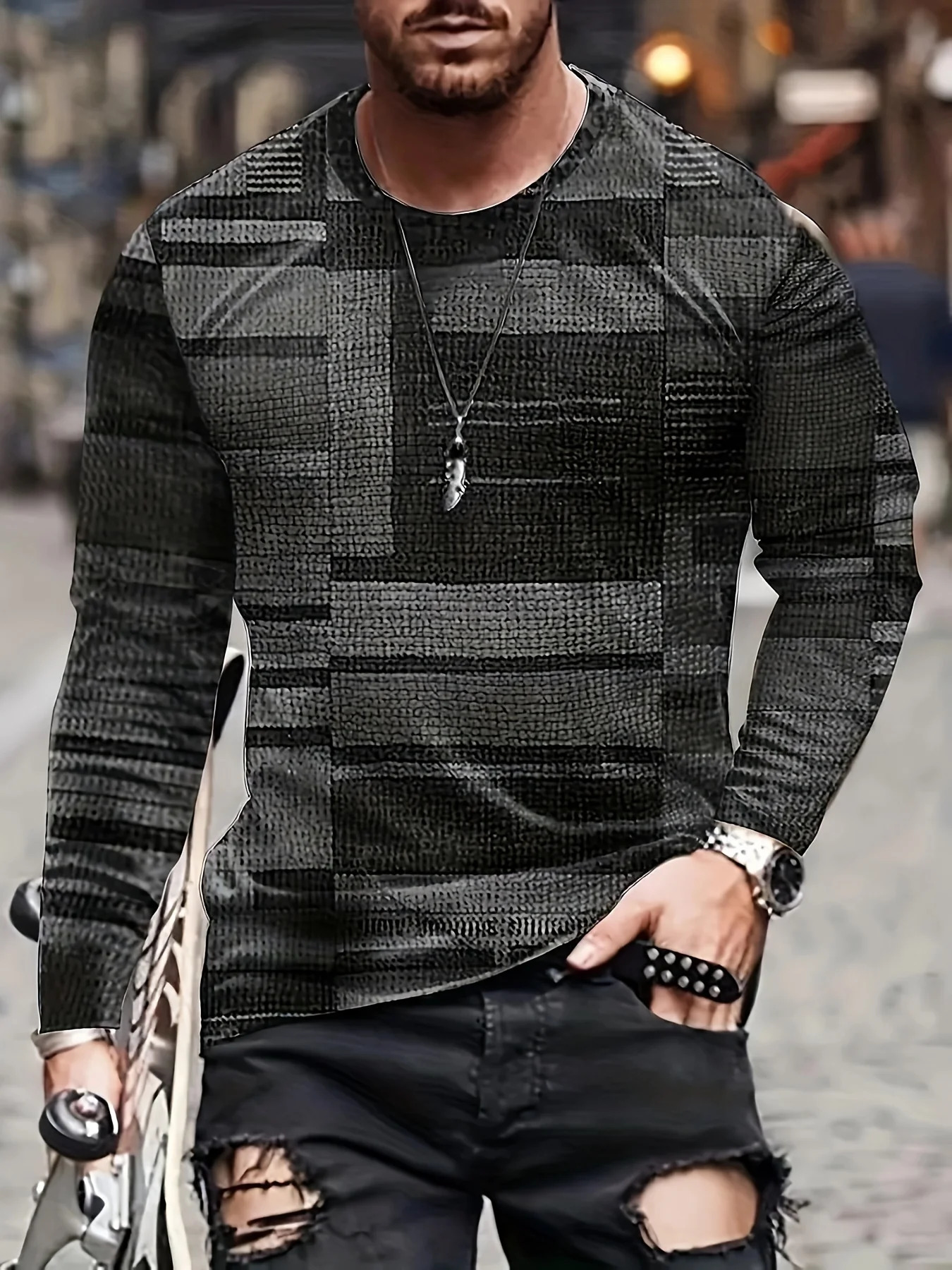 Fashion Mens Colorful Irregular Plaid Pattern Round Neck Longsleeved Tshirt Spring And Autumn Outdoor Sports Tops Tee 250213