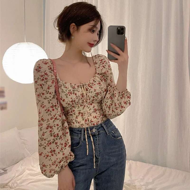 Blouses Women Slim Ral Print Lantern Sleeve Elegant Female Temperament Schoolgirls Spring All-Match Leisure Holiday Clothes