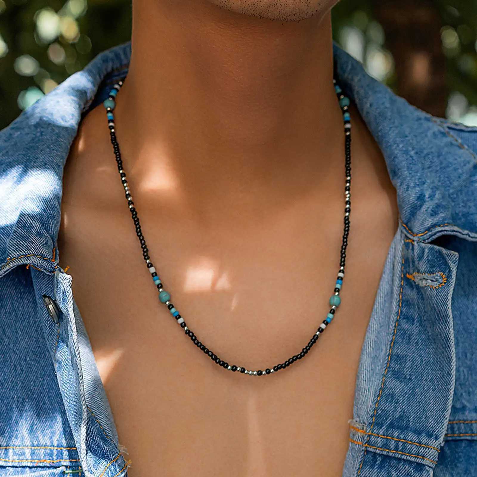 Synthetic Turquoise Necklaces for Men BoysMini Black Beaded NecklacesSummer Beach Male JewelryXJ250219