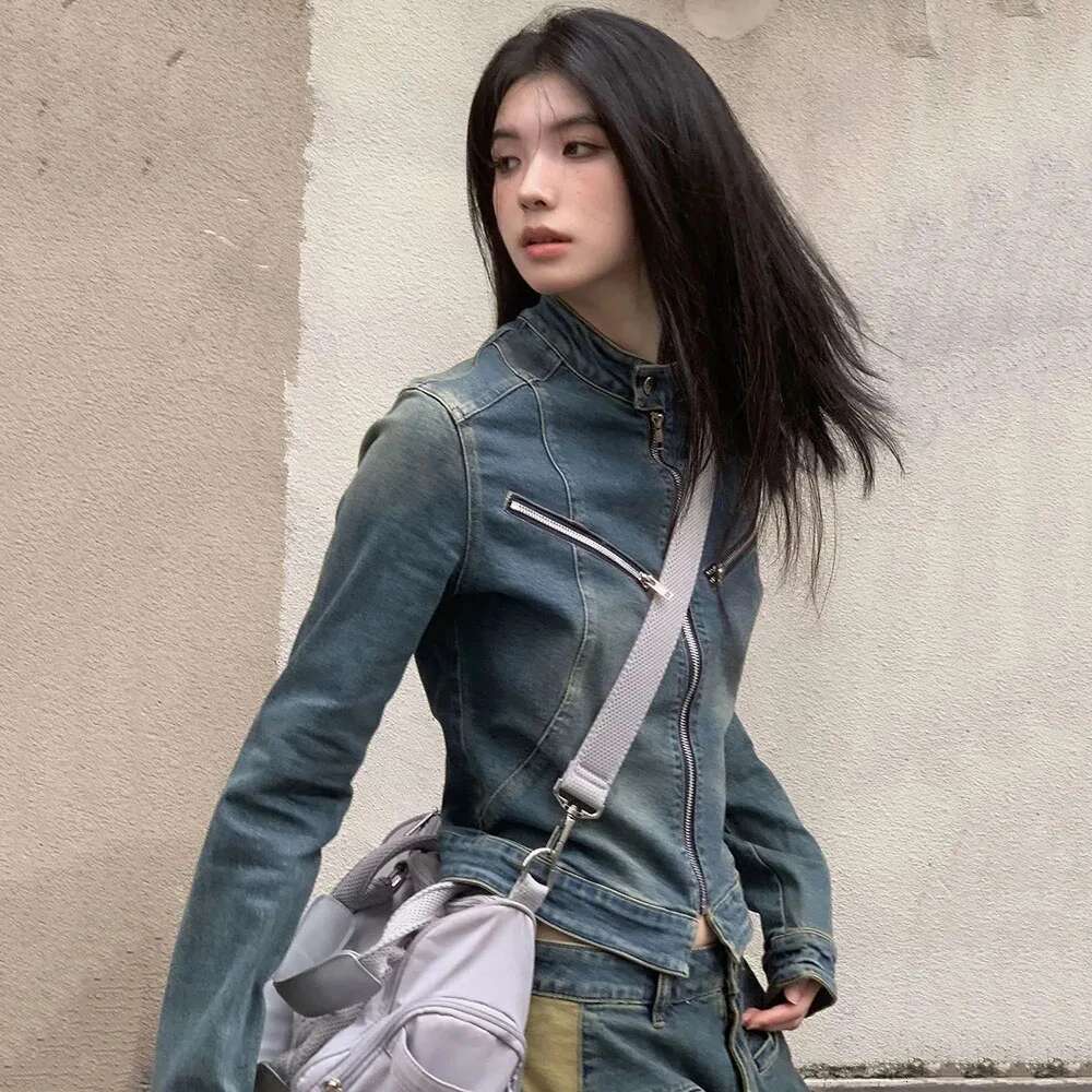2024 Autumn Streetwear Denim Jackets Women Y2k Sexy Retro Washed Slim Chic Zip-up Coat Tender Personality Hotsweet Jeans Tops