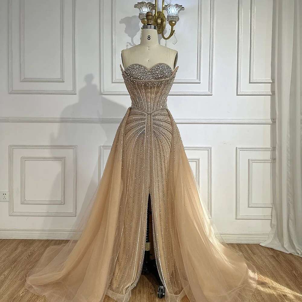 Hill Serene Customized Pink Crystal Beaded Saudi Mermaid Evening Dresses Gowns With Overskirt For Formal Ocn BLA mal