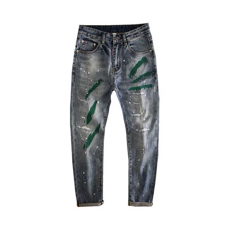 Spring and summer tear patches ink splatter graffiti painting points fashionable mens slim fit elastic high street personalized fashion pants X250220