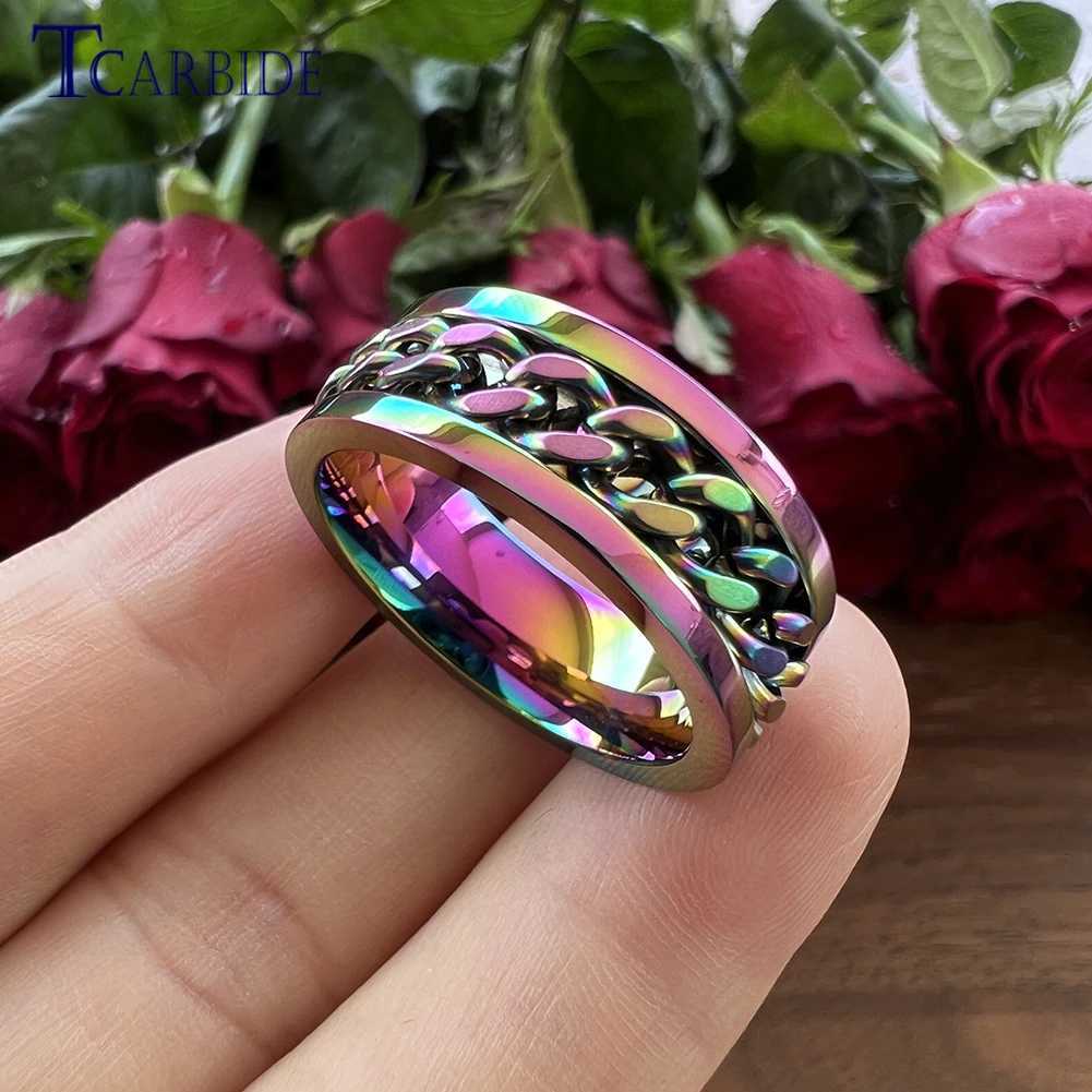 Dropsing 8mm Fantasy Color Stainless Steel Rotating Ring Wens Mens Fashion Jewelry With Chain Inlay Cfort Fit X250220