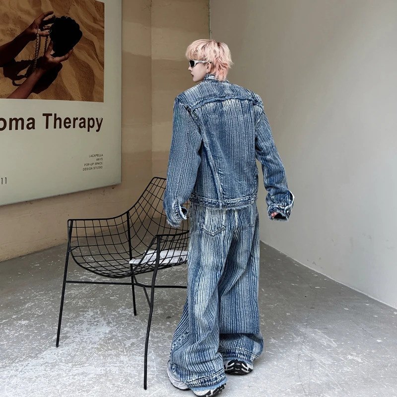 PFNW Two-piece Set Gradient Color Washed Tie-dye Stand Collar Striped Denim Jacket Wide Leg Pants Mens Loose Set 28W6028 250220