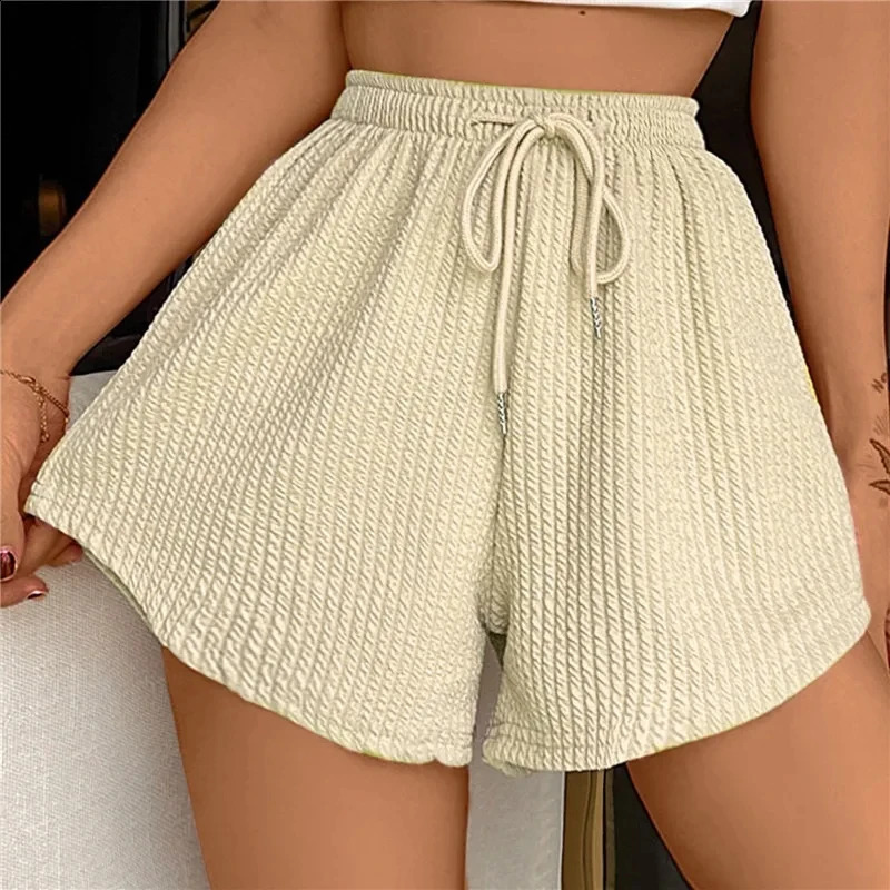 Shorts Pit Stripe Lace-up Drawstring Solid Hight Waist Wide Leg Sweat Fitness Running Loose Casual Sports Short Pants Women 250217