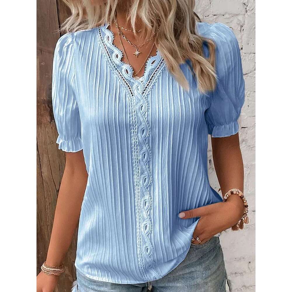 Women's Summer New Top 2024 Solid Sexy V-Neck Hollow Short Sleeve Shirt Fashion Splice Plus Size Blouse Loose Street Apparel