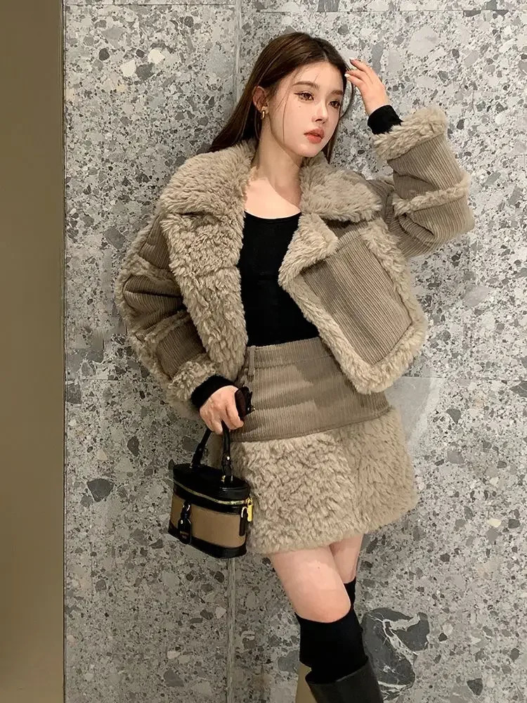 Retro style fashionable splicing furry short coat top high waist skirt twopiece suit winter womens clothing 250220
