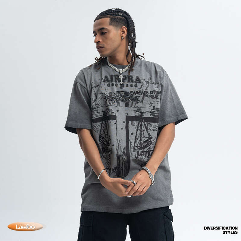 Lawfoo American Trendy Brand Anti Stir Fried Grinding Edge Cross Printed Cotton Short sleeved T-shirt Men's Women's Bottom Top for Autumn an