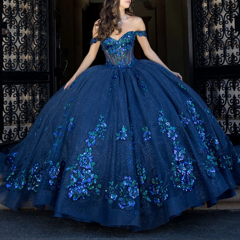 Royal Blue Shiny Quinceanera Dresses Ball Gown Off Shoulder Sequin Appliques Lace Beads Tull Corset Sweet 16 Dress Vestidos 15 de anos