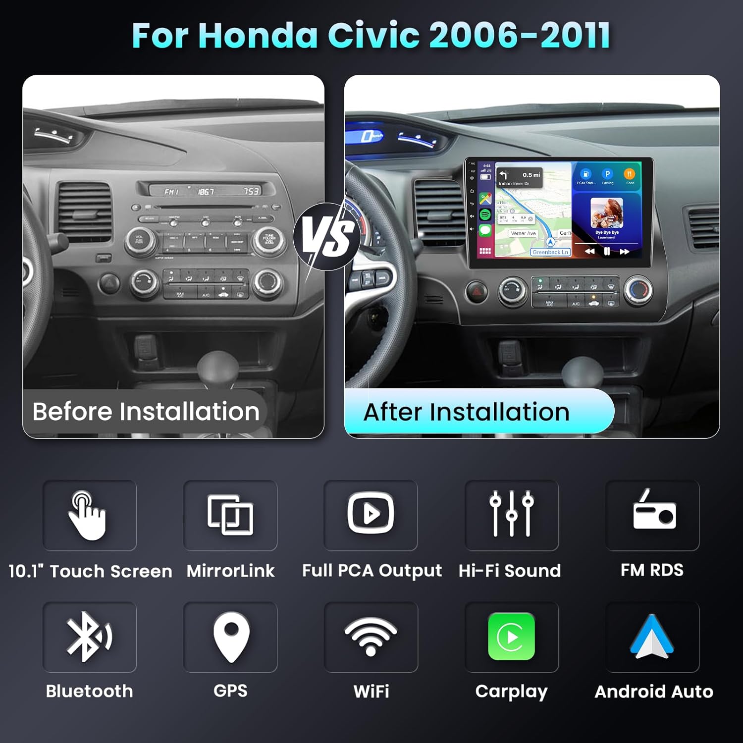 10.1 Inch Car Stereo 2G+32G Wireless CarPlay Auto for Honda Civic 2006-2011 Android Touch Screen Bluetooth Radio with Backup Camera GPS Navigation WiF