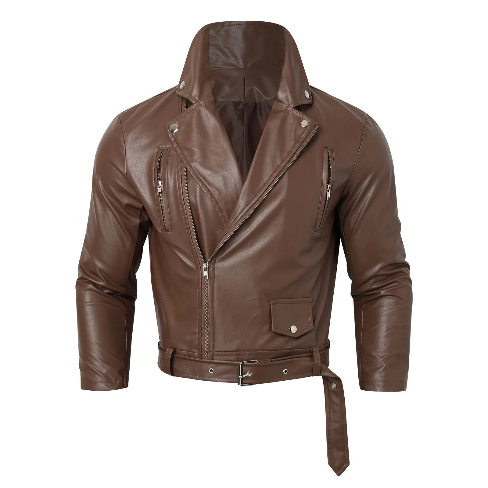 Pu Leather Stylish Jacket Mens Autumn Winter Outwear Motorcycle Riding Zipper Drawstring Belt Windproof Rain Coat 250210