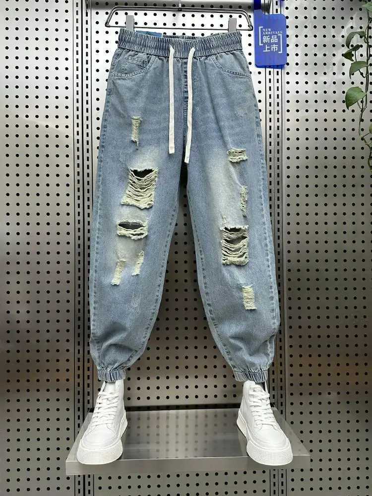 Mens Broken Hole Harlan Jeans Pants Loose Contrast Color Beggar Cargo Denim Pants Baggy Jeans For Men Y2k Streetwear mens pants X250220