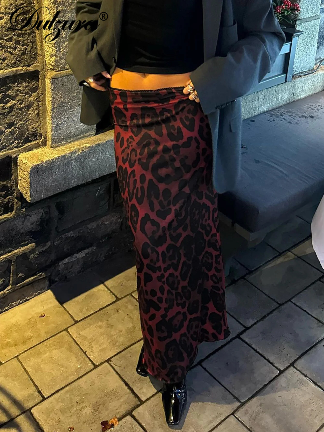 Dulzura Womens Leopard Slim Maxi Skirt Sexy Vintage Bodycon Party Club Streetwear Autumn Winter Clothes 250220