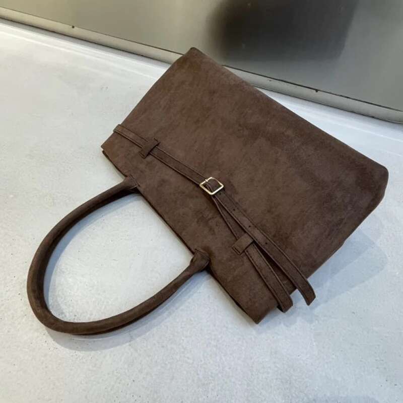 Faux Suede Tote Bags For Women Designer Handbag Purse 2024 New In Vintage Frosted Belt Buckle Commuting Underarm Shoulder