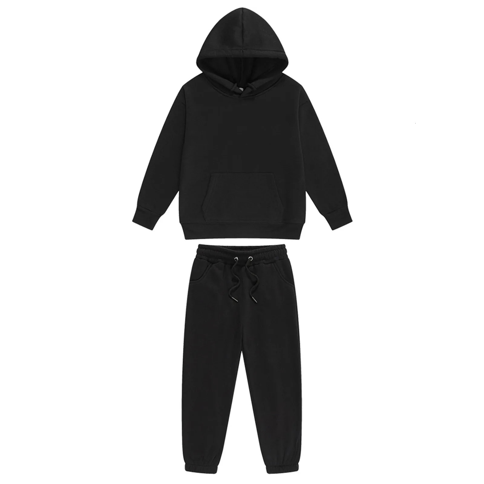 Autumn Kids Boys Girls Solid Color Sport Suit Warm Casual Tracksuit Long Sleeve Drawstring Pullover Hoodie with Sweatpants 250219