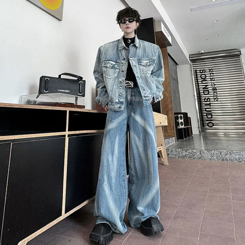 PFNW Two-piece Mens Paint Turn-down Collar Single Breasted Denim Jackets Loose Chic Straight Wide Leg Jeans High Street 9C7502 250220