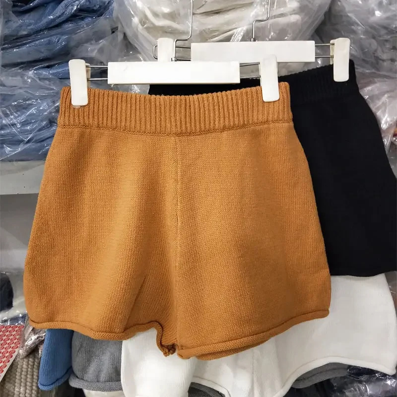 Womens Shorts Autumn Curling Elastic High Waist Knit Casual Shorts Womens Loose Bottoms Womens Clothing 250214