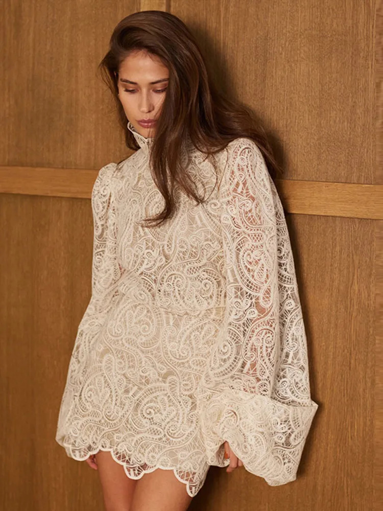 Fashion Lace Hook Flower Skirt Set Womens Turtle Neck Long Lantern Sleeve Shirt A-line Mini Skirt Spring Womens Wear 250220