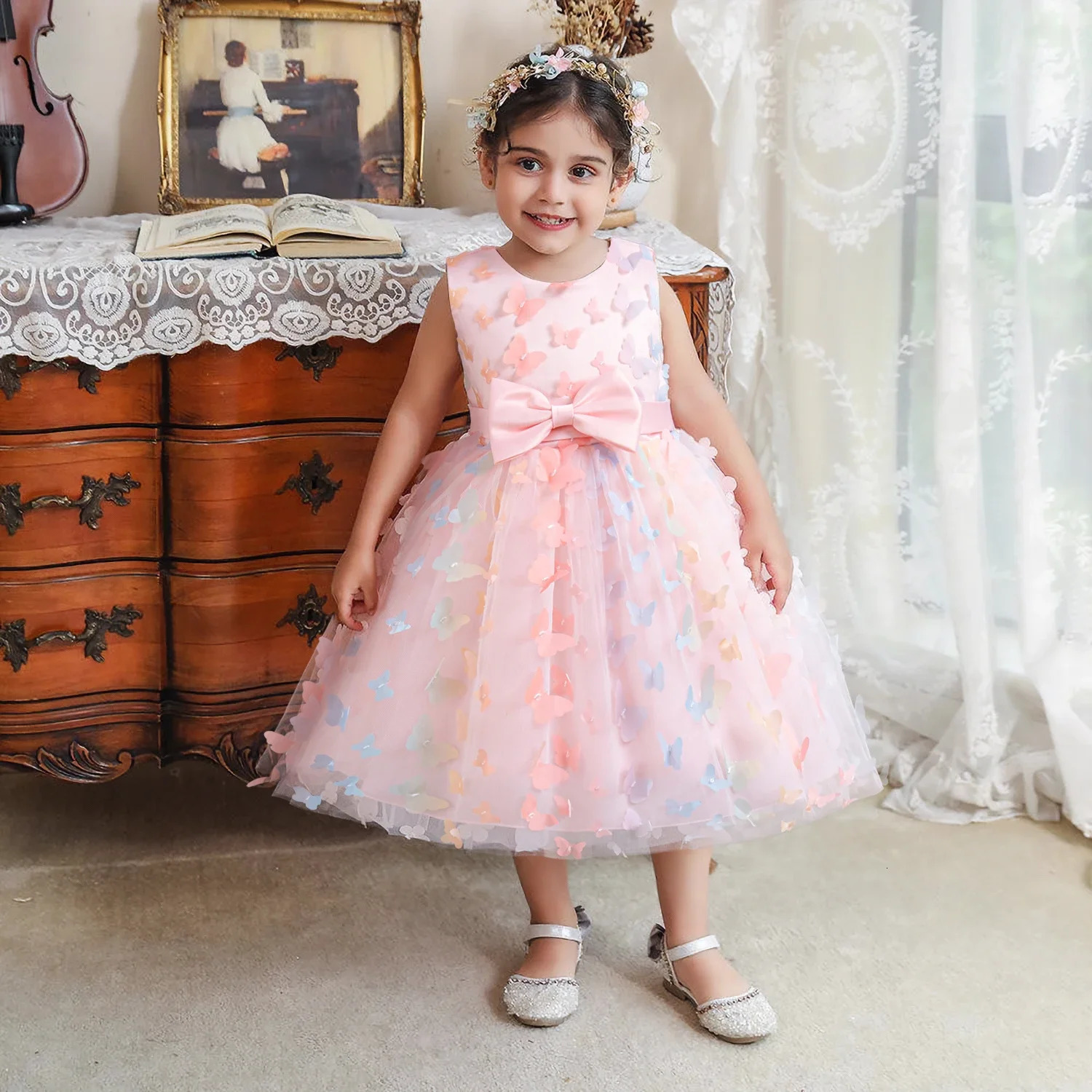 Formal Girls Pink Princess Dress Flower Girl Wedding Prom Gown 3D Butterfly Childrens Puffy Dress Elegant Party Dresses 250220