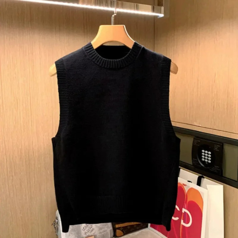Mens Clothing Sleeveless Knit Sweater Male Crewneck Brown Solid Color Vest Waistcoat Plain Round Collar X Korean Autumn A 250219