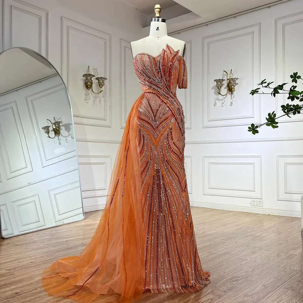 Blue Arabic One Shoulder Dubai Evening Gown With Side Overskirt Beaded Dress Customize Party BLA