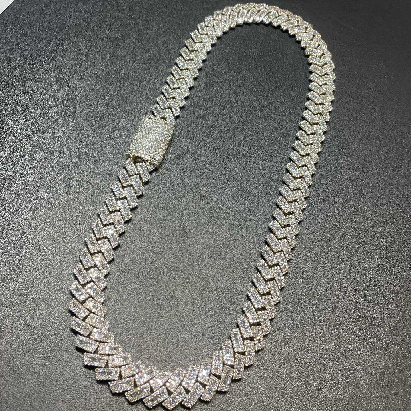 New Arrival Yellow Gold 18mm 20mm Prong Baguette Diamond Necklace 18K Gold Plated Silver Iced Out Cuban Link Chain for Men