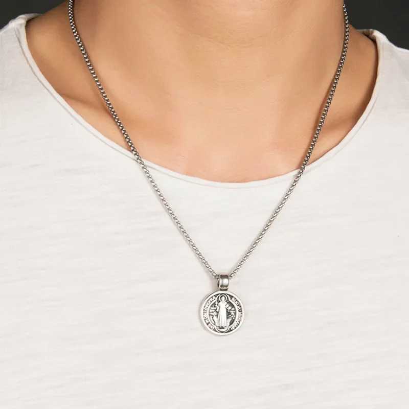 Stainl Steel Saint St. Benedict Collar Medal of San Benito Necklace Men Women Spiritual Virgin Mary Pendant Necklace For MenXJ250219