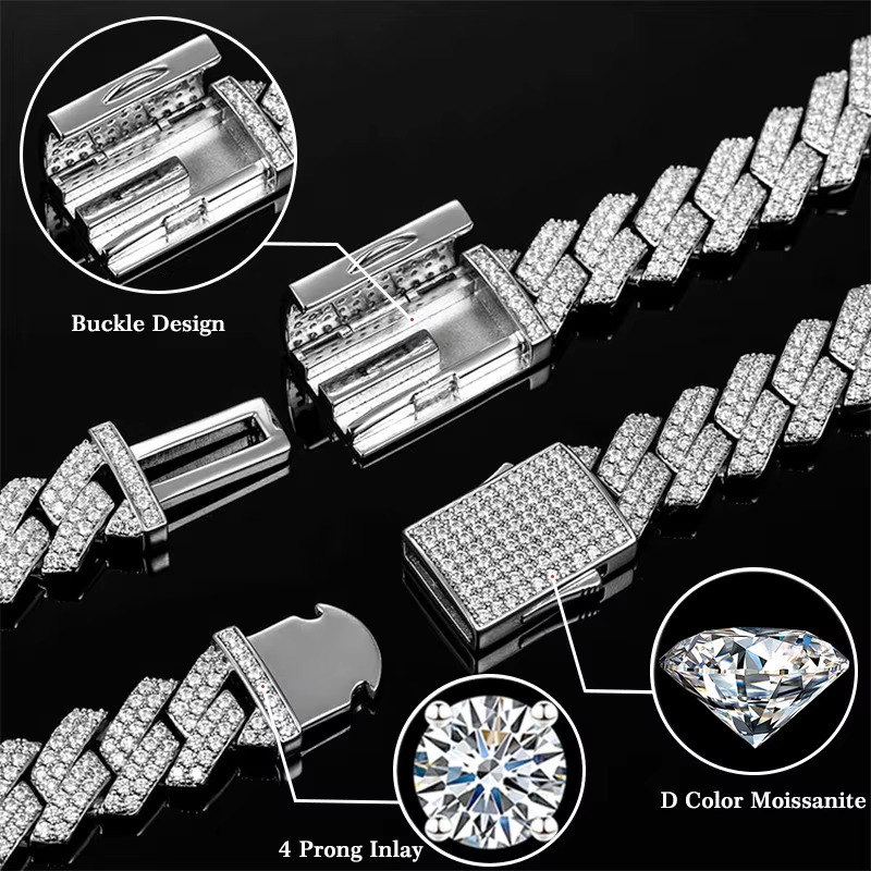 10/12/16/19MM Two Rows VVS Iced Out Dia Sterg Sier Men Necklace Miami Moissanite Cuban k Chain