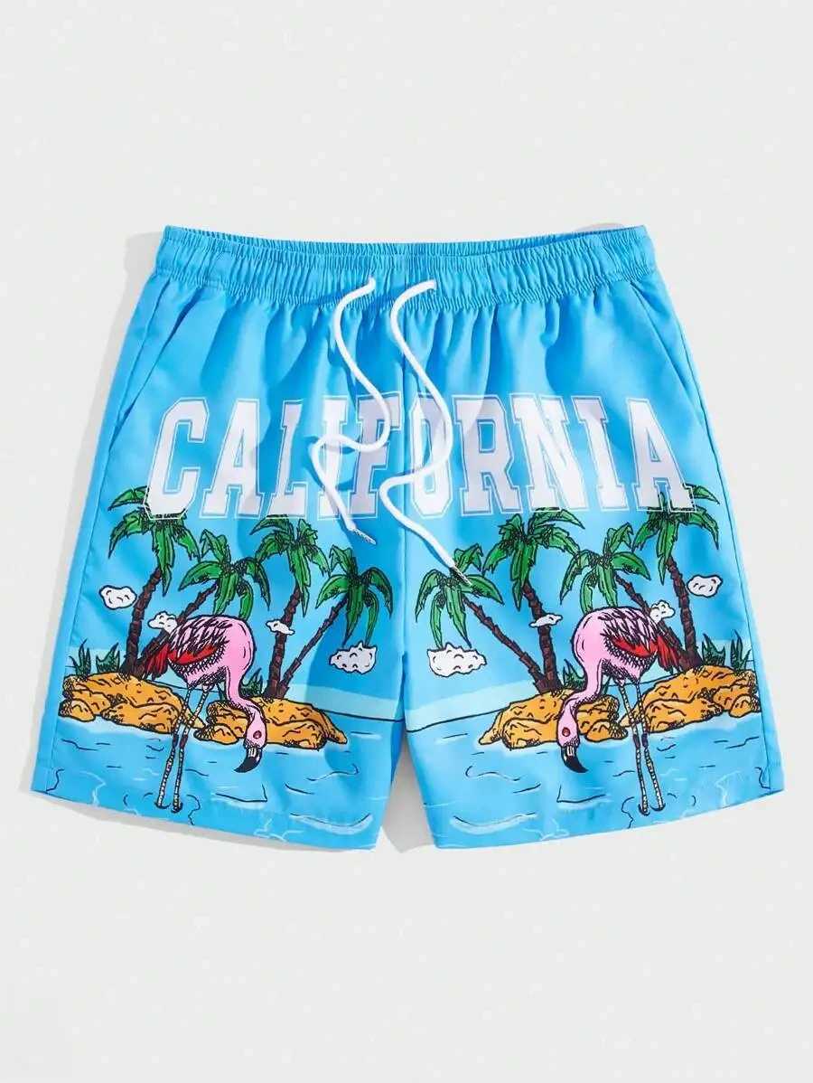 Mens quick drying summer new 3D printed coconut tree flamingo pattern mens sports shorts Hawaii beach shorts X250220