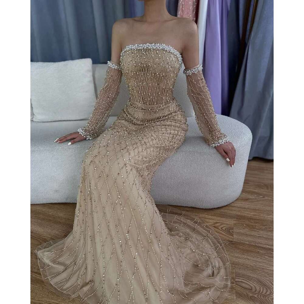 Nude Elegant Arabic Strapless Evening Gown Beaded Dress With Gloves For Formal Ocn Customize BLA mal