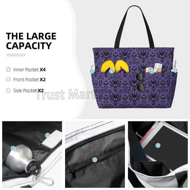 Happy Haunted Mansion Beach Bag for Women Travel Tote Bag with Pockets Summer Large Beach Pool Bag for Swim Gym Vacation Z250219