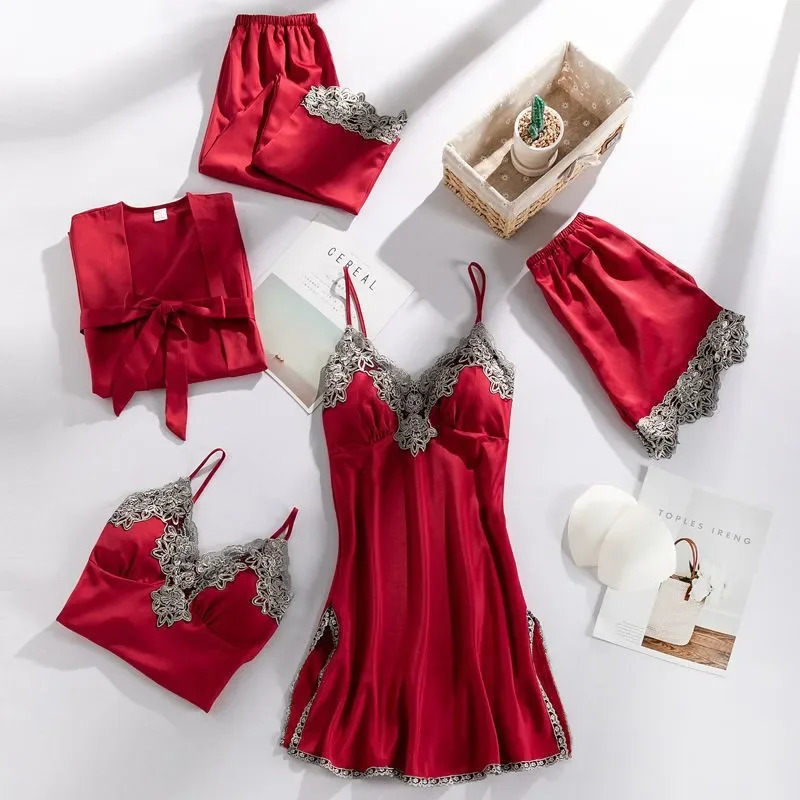 5PCS Sleepwear Sleep Suit Sexy Womens Lace Pajamas Sets V-Neck Satin Pajamas Intimate Lingerie Spring Nightwear Home Wear PJS 250219