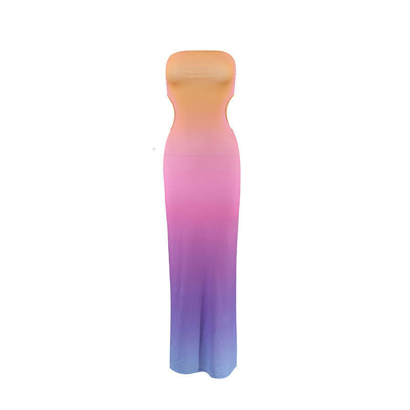 European and American summer product casual sexy gradient color print strapless waist reveag long dress for hair replacement 2025 new style temperamen