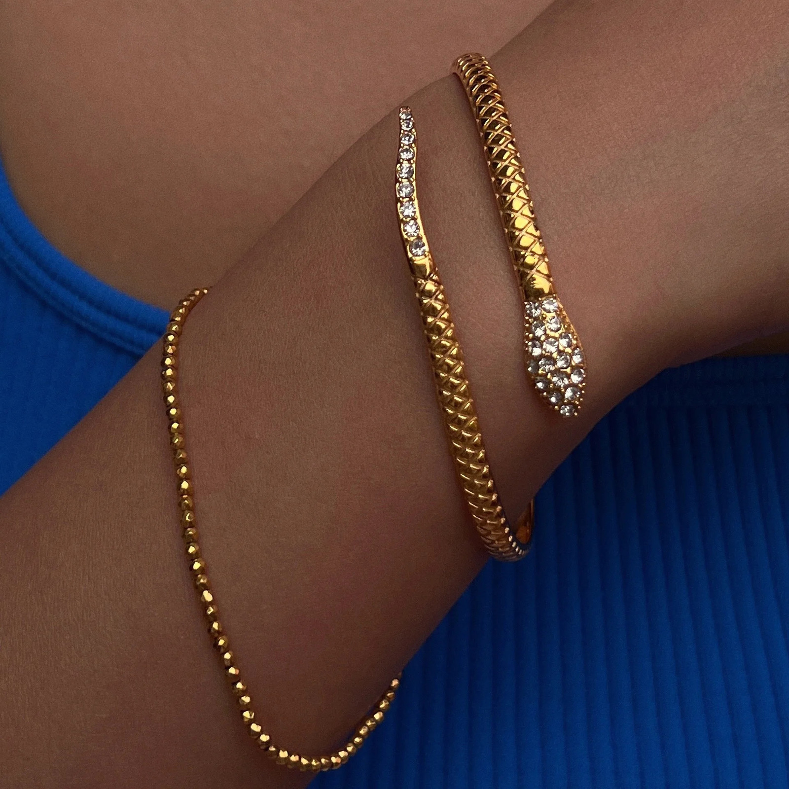 stainless steel gold-plated snake bracelet with retro micro inlaid zircon open snake bracelet for womens fashion jewelry 250220