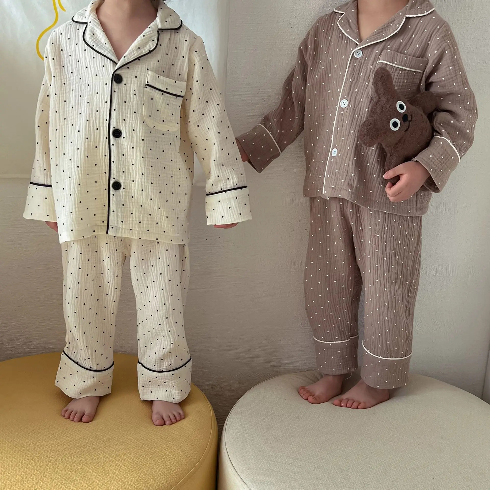 Childrens Boy Pajamas Spring Autumn Cotton Gauze Thin Long Sleeved Dot 2PCS Set 1-10 Years Baby Boys Air Conditioned Homewears 250220